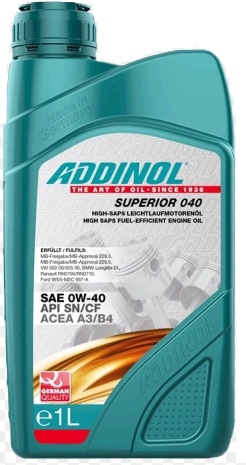 Масло моторное ADDINOL Superior 040 0W40 SN/CF, A3/B4 синт. 1л