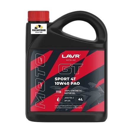 Масло моторное LAVR MOTO GT SPORT 4T 10W40 JASO MA-2, API SN синт. 4л LN7728